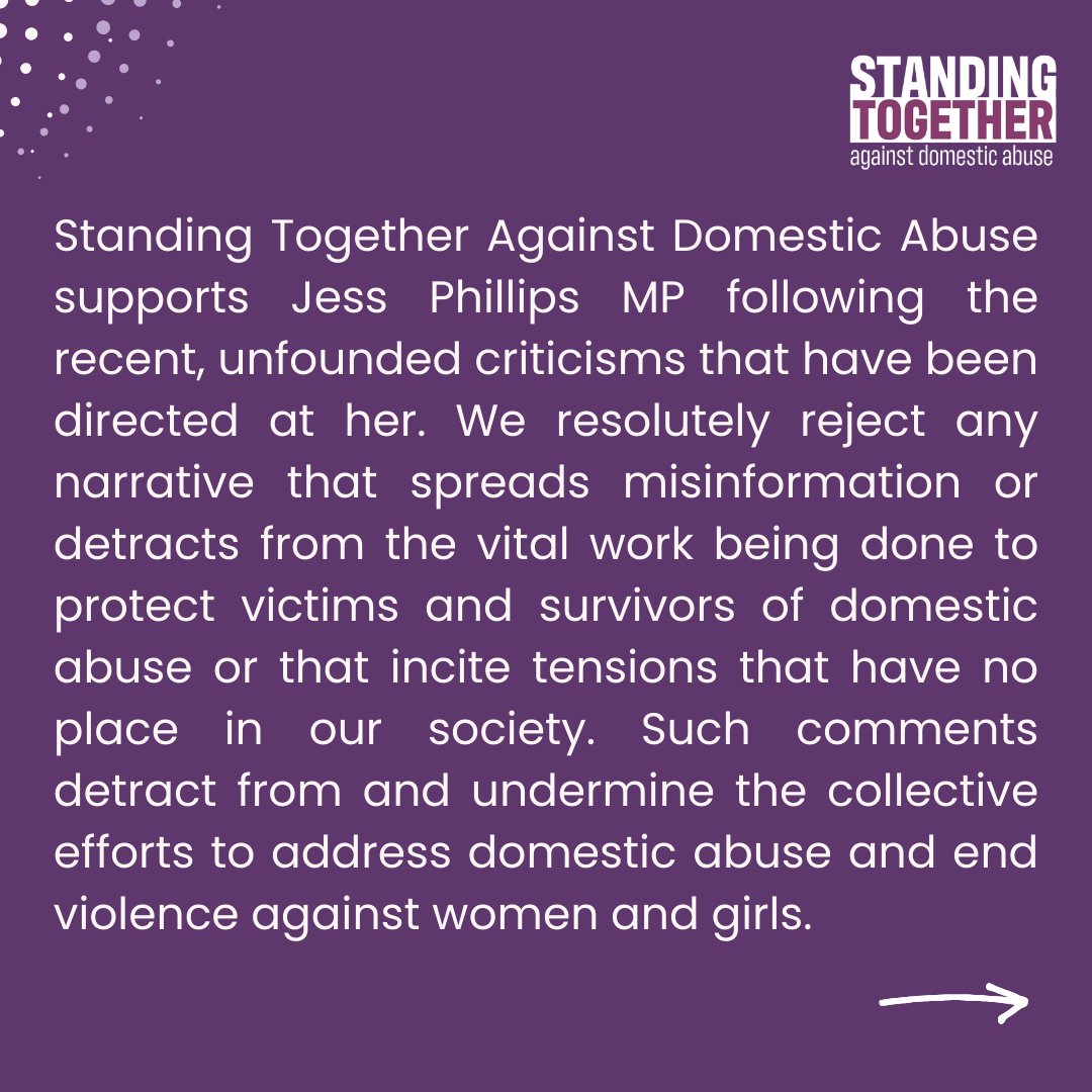 STagainstDA_'s tweet photo. Standing Together stands with Jess Phillips MP

We reject unfounded criticisms that detract from vital work to protect survivors of domestic abuse. Together, we support the agenda to halve DA &amp; end VAWG through systemic change and evidence-based solutions.

#EndDomesticAbuse https://t.co/CWHNpgDG90