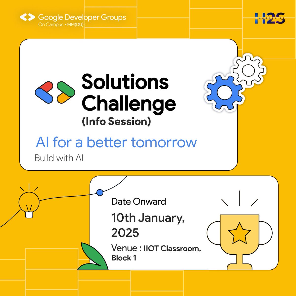 gdsc_mmdu's tweet image. 🌟 Ready to innovate? Join the Google Solution Challenge Info Session by GDG at MMDU, co-powered by Hack2Skill!
📍 Where: Engineering Block 1, IIoT Classroom
📅 When: 10th January 2025
Let’s tackle real-world problems with tech!
#GoogleSolutionChallenge #Hack2Skill #TechForGood