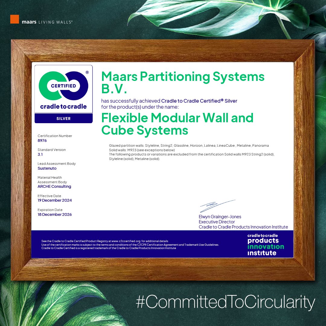 Maars has successfully achieved Cradle to Cradle Certified® Silver for our Glazed partition walls: Styleline, String2, Glassline, Horizon, Lalinea, LineaCube , Metaline, Panorama and Solid walls: M923
#circularity #sustainability #modulardesign #modular #future #circulareconomy