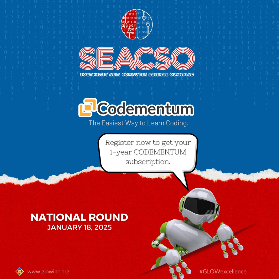 Codementum1's tweet image. SOUTHEAST ASIA COMPUTER SCIENCE OLYMPIAD
SEACSO National Round
January 18, 2025
Here's your guide for the SEACSO National Round! 👇
tinyurl.com/4mmtn6n4
#codingcompetition #computerscience #CodingOlympics #CodingOlympiad #Python #Javascript #ArtificialIntelligence #kids