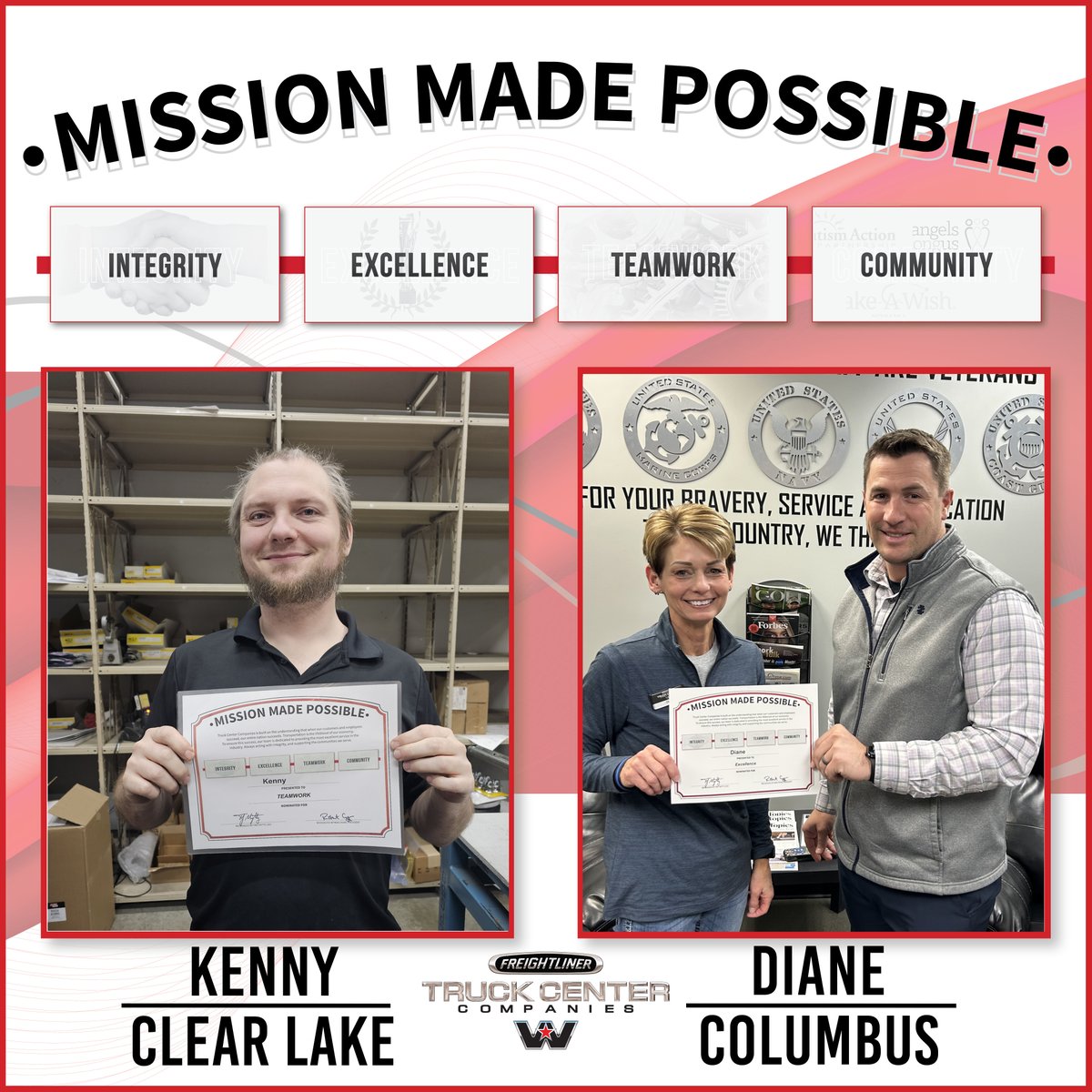 truckcentercomp's tweet photo. We are happy to share our first round of MMP Winners from Q4! Congratulations to Kenny and Diane from our Clear Lake and Columbus locations. They do a great job of displaying our core values of Integrity, Excellence, Teamwork, and Community each day. #BestEmployees https://t.co/fFgzxiJguQ