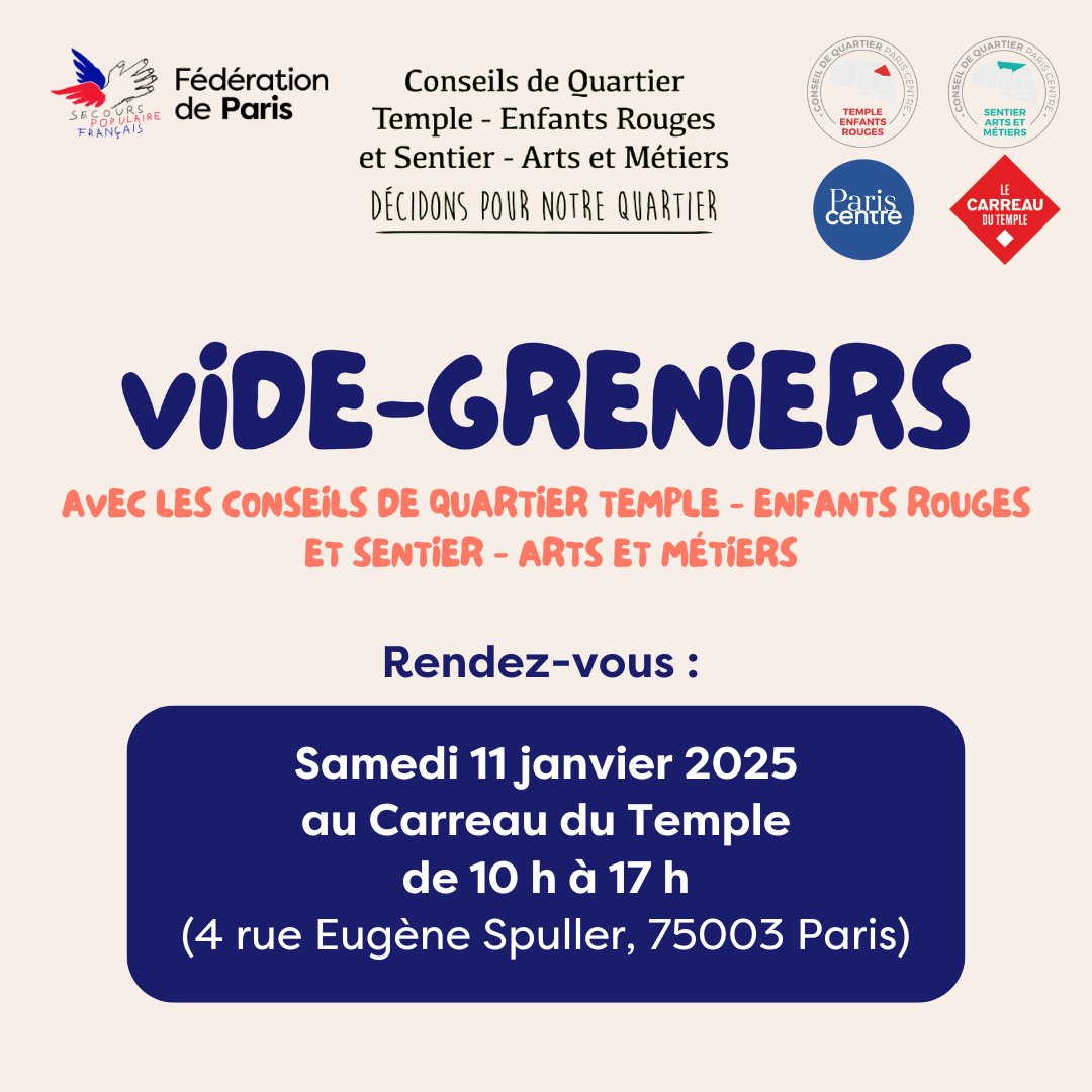 SecourspopParis's tweet image. Retrouvez le @secourspopparis ce week-end pour un vide-greniers organisé par le comité de quartier Temple - Enfants Rouges - Sentier - Arts et Métiers ! ❤ Les fonds collectés grâce aux inscriptions des exposants nous seront reversés, pour soutenir nos actions solidaires.
