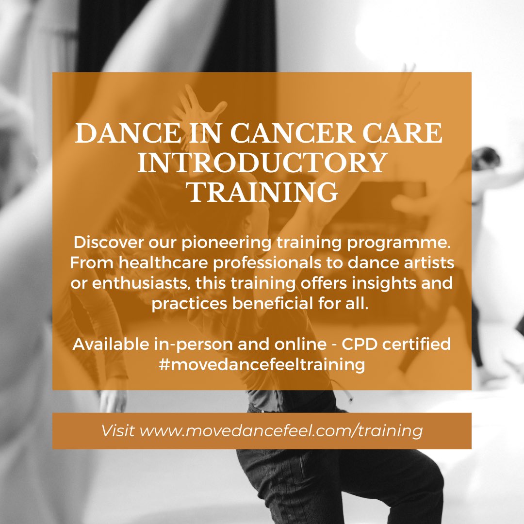 Start 2025 with inspiration! 

Learn, move, connect, reflect, recharge. 

Train with us this February to discover the enlivening and rehabilitative potential of #danceincancercare 

CPD certified 
movedancefeel.com/training 

Please share <a href="/yestolife/">Yes to Life</a> <a href="/LAHArtsHealth/">London Arts and Health</a> <a href="/NorthBristolNHS/">North Bristol NHS Trust</a>