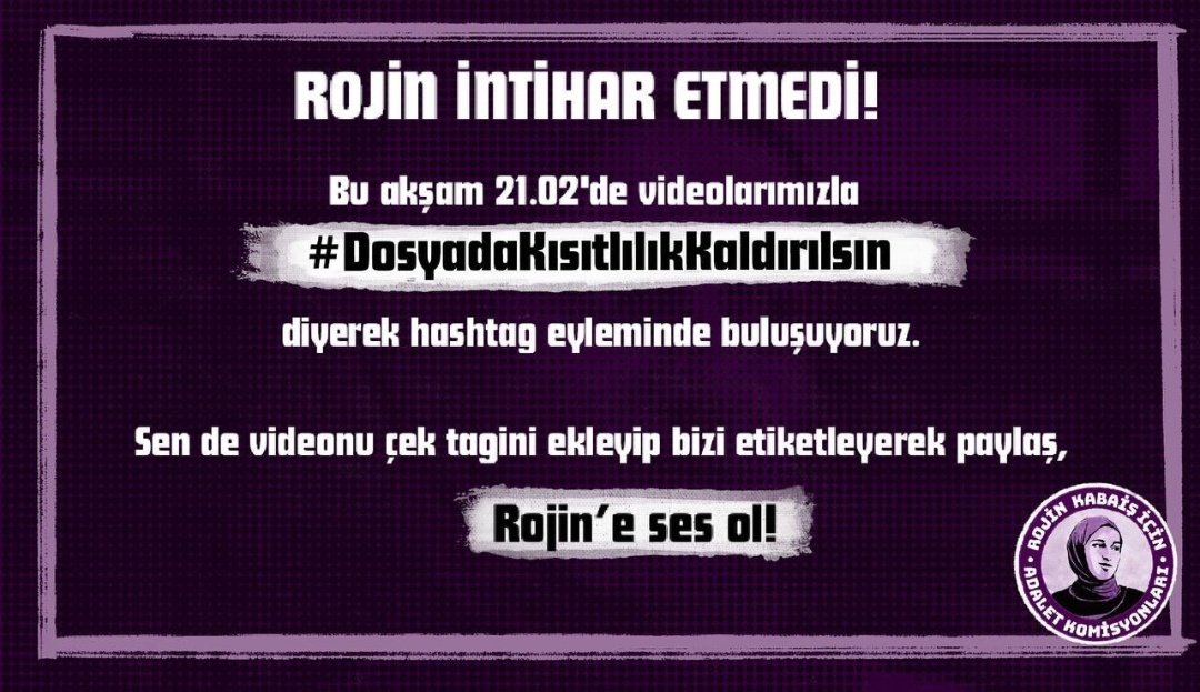 Saygı değer abilerim ablalarım kardeşlerim
Bu akşam saat 21.02 de yeni bir tag ile dosyadaki kısıtlılık kararının kaldırılması için tag çalışması başlatacağız
Bu konuda desteklerinizi esirgemeyeceğinizden yana şüphem hiç olmadı
Şimdiden hepinize teşekkür ediyorum.
<a href="/RojineAdalett/">Rojin Kabaiş İçin Adalet Komisyonları</a>