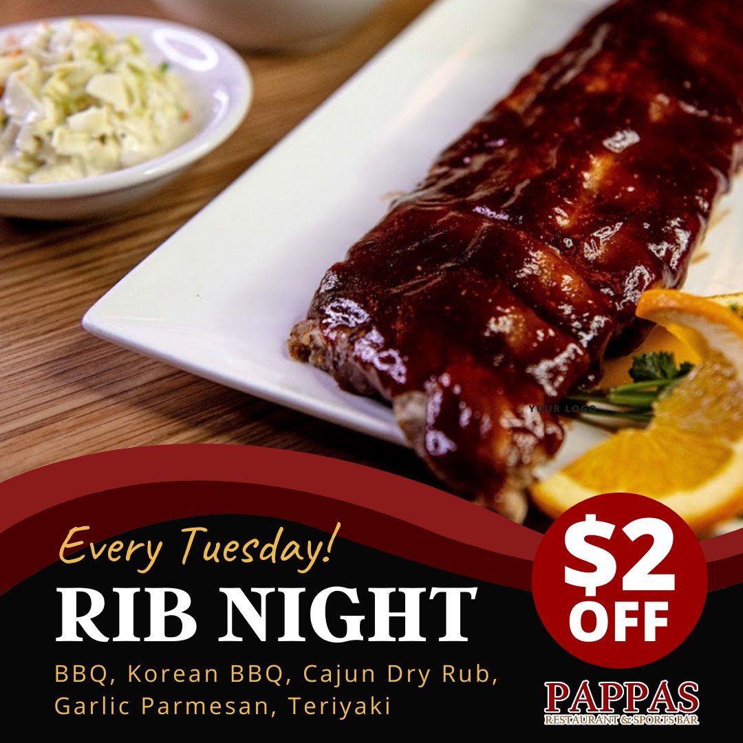 PappasCrabCakes's tweet photo. 🔥🍖 **Rib Night is here!** 🍖🔥 Fall-off-the-bone goodness with our mouthwatering rib platters, $2 off on Tuesdays! 🐷 Whether you’re dining solo or with your TRIVIA crew, Rib Night is the perfect way to treat yourself midweek. https://t.co/mesCj1WN6O