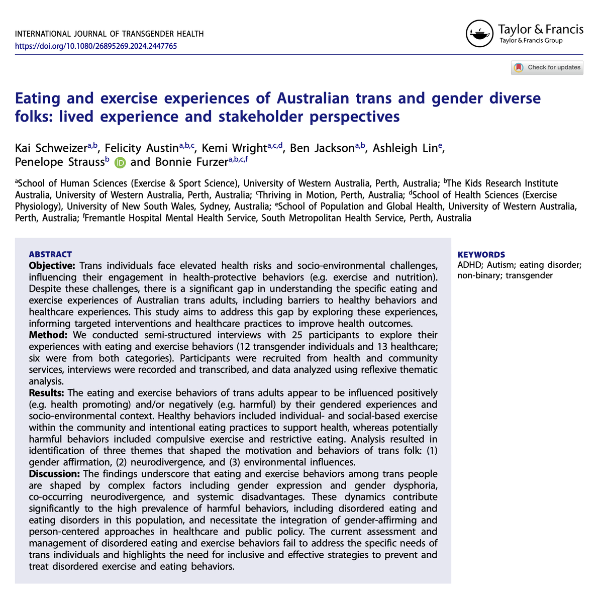 📢 Our latest publication is out now:  “Eating &amp; Exercise Experiences of Australian Trans &amp; Gender Diverse Folks: Lived Experience and Stakeholder Perspectives”🌈✨

🔗: doi.org/10.1080/268952…