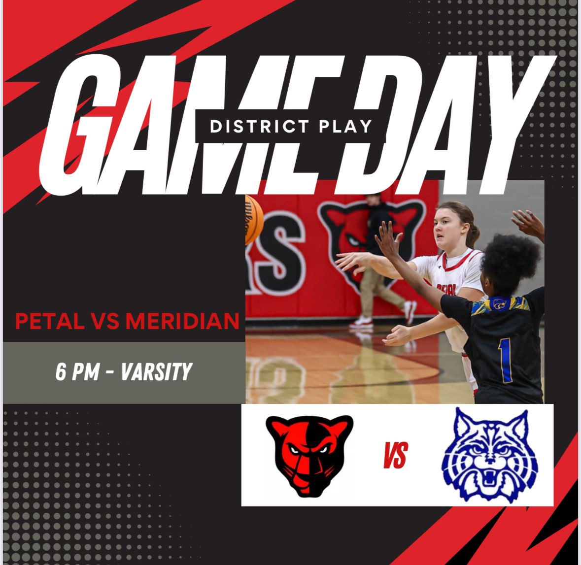 ⚠️GAMEDAY ⚠️

Come out tonight and support your Lady Panthers as we take on the Meridian Lady Wildcats at home for some district play! 

🆚 Meridian 
📍 Petal Gymnasium 
⏰ Varsity 6pm

#WeArePetal #Family 🐾🏀🔴⚪️