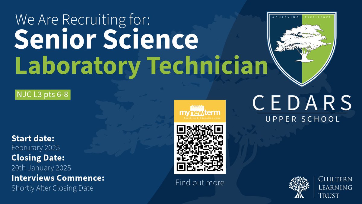 We are looking for a Senior Laboratory Technician to join our awesome Science Department! Apply here mynewterm.com/jobs/137462/ED…
<a href="/mjpGibbs/">Mark Gibbs</a> <a href="/ChilternLT/">Chiltern Learning Trust</a> <a href="/Umara1Qureshi/">Umara</a> <a href="/mynewterm/">MyNewTerm</a>