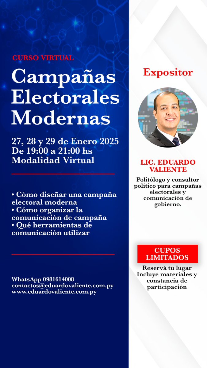 📍El 27 de enero daremos inicio a clases virtuales sobre campañas electorales. ¡Cupos limitados! 

📲Reservá tu lugar enviando un mensaje al WhatsApp 0981614008.

#campañapolitica #politica #marketingpolitico #comunicacionpolitica