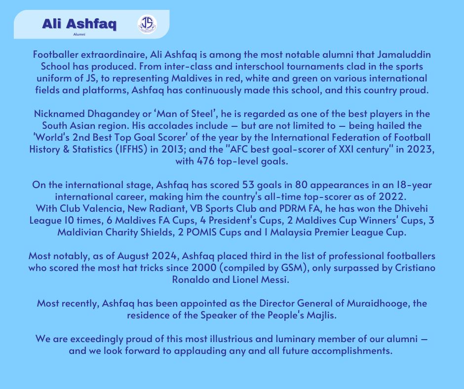 Jamaluddin School (@jamaluddin_mv) on Twitter photo From among the Notable Alumni of JS - Ali Ashfaq, footballer extraordinaire
#40daysto40
<a href="/AliAshfaq07/">Ali Ashfaq</a>
<a href="/MoEdumv/">Ministry of Education</a> From among the Notable Alumni of JS - Ali Ashfaq, footballer extraordinaire
#40daysto40
<a href="/AliAshfaq07/">Ali Ashfaq</a>
<a href="/MoEdumv/">Ministry of Education</a>