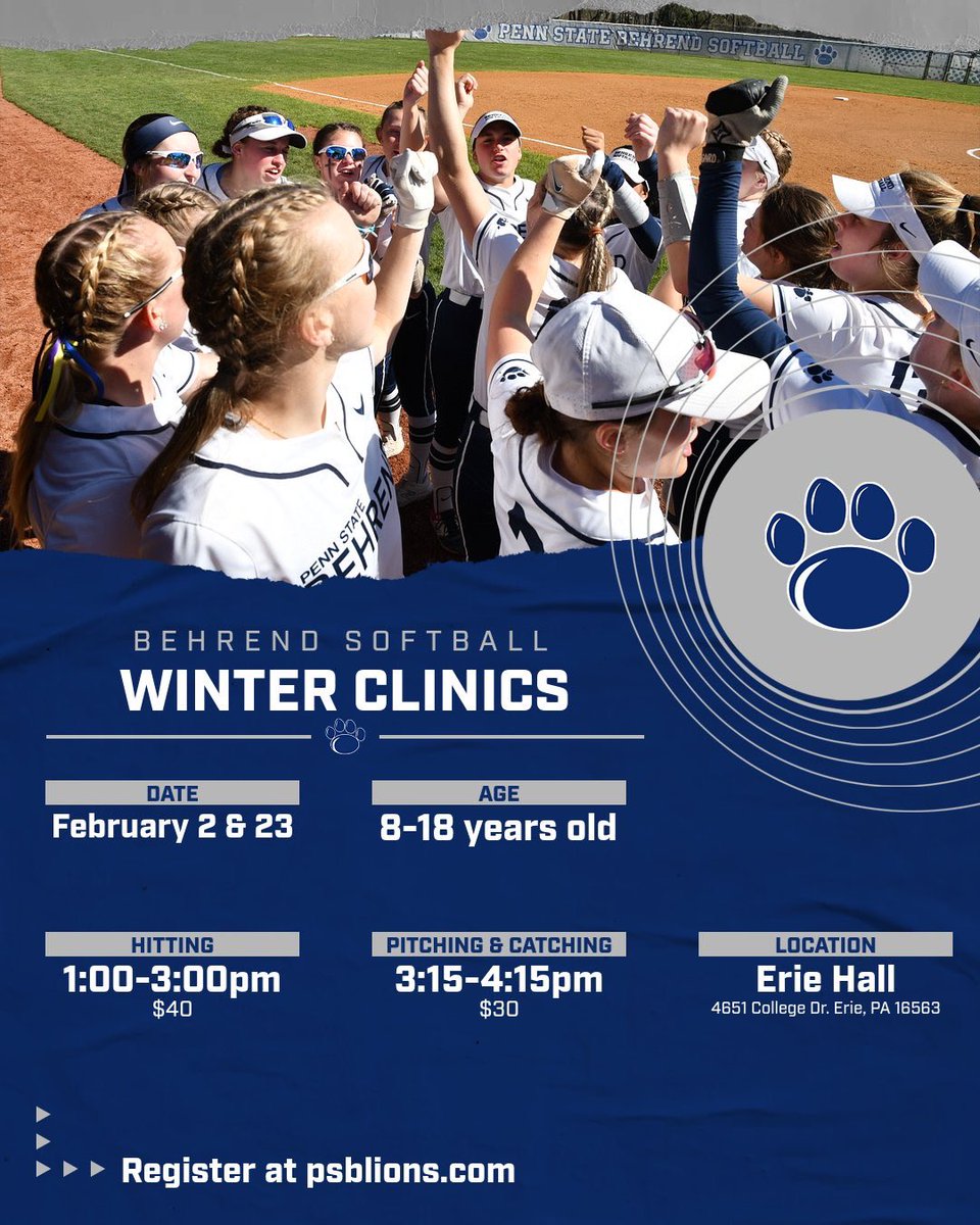 🚨 WINTER CLINICS 🚨 
•
•
•
You have two opportunities to train with Behrend softball coming up! February 2nd and February 23rd. Register now at psblions.com/sports/sball/2…