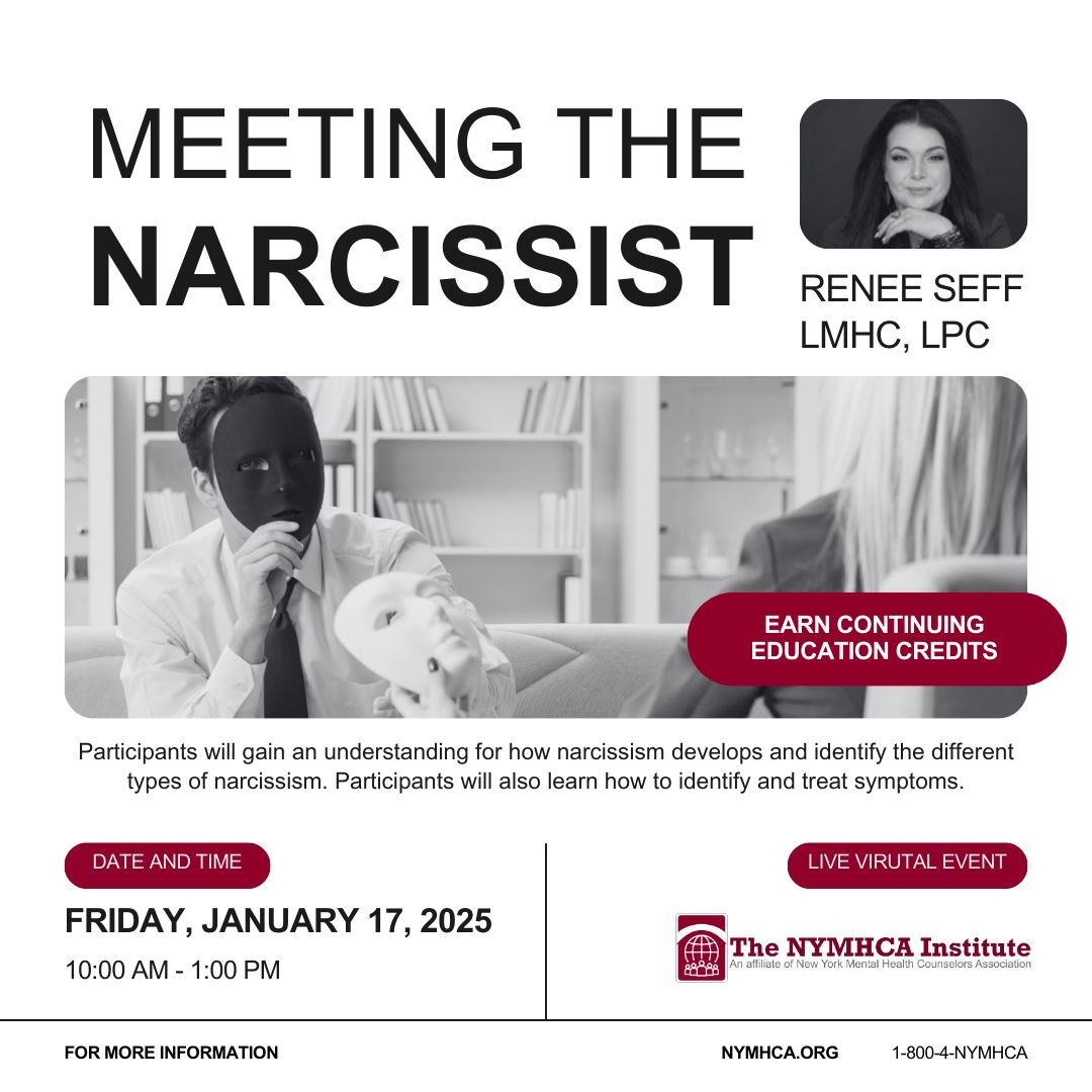 🧠✨Join us on Friday, January 17th from 10:00 AM to 1:00 PM for a live virtual event with Renee Seff, LMHC, LPC. Dive into the psychology of narcissism by learning how it develops, explore its various forms, and  identify and treat symptoms effectively.
buff.ly/3YMkPlT