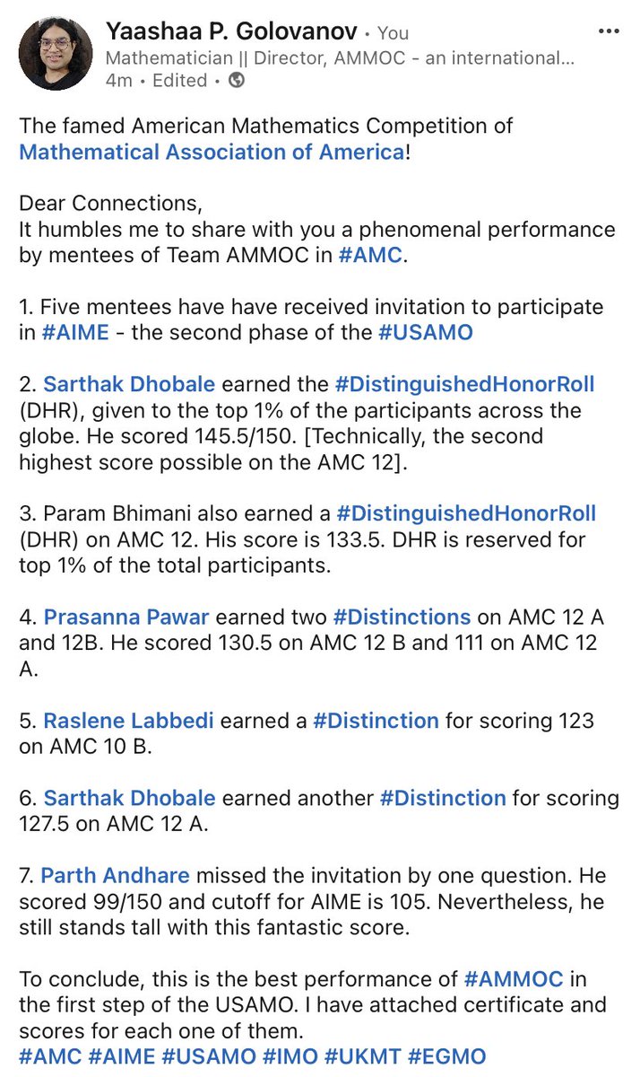 Golovanov_ammoc's tweet image. It humbles me to share with you a phenomenal performance by mentees of Team AMMOC in @maanow. 

•Five mentees have have received invitation to participate in #AIME - the second stage of the #USAMO

•2 distinguished Honor Roll + 4 distinction + 5 Excellence. 1/5.