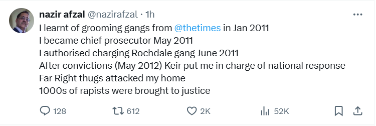 smile2jannah's tweet photo. The chief prosecutor Nazir Afzal who dealt with the Rochdale grooming gang was a Pakistani Muslim. He got them convicted and put away, since then he helped lock away thousands more. But you won't see them mentioning this.