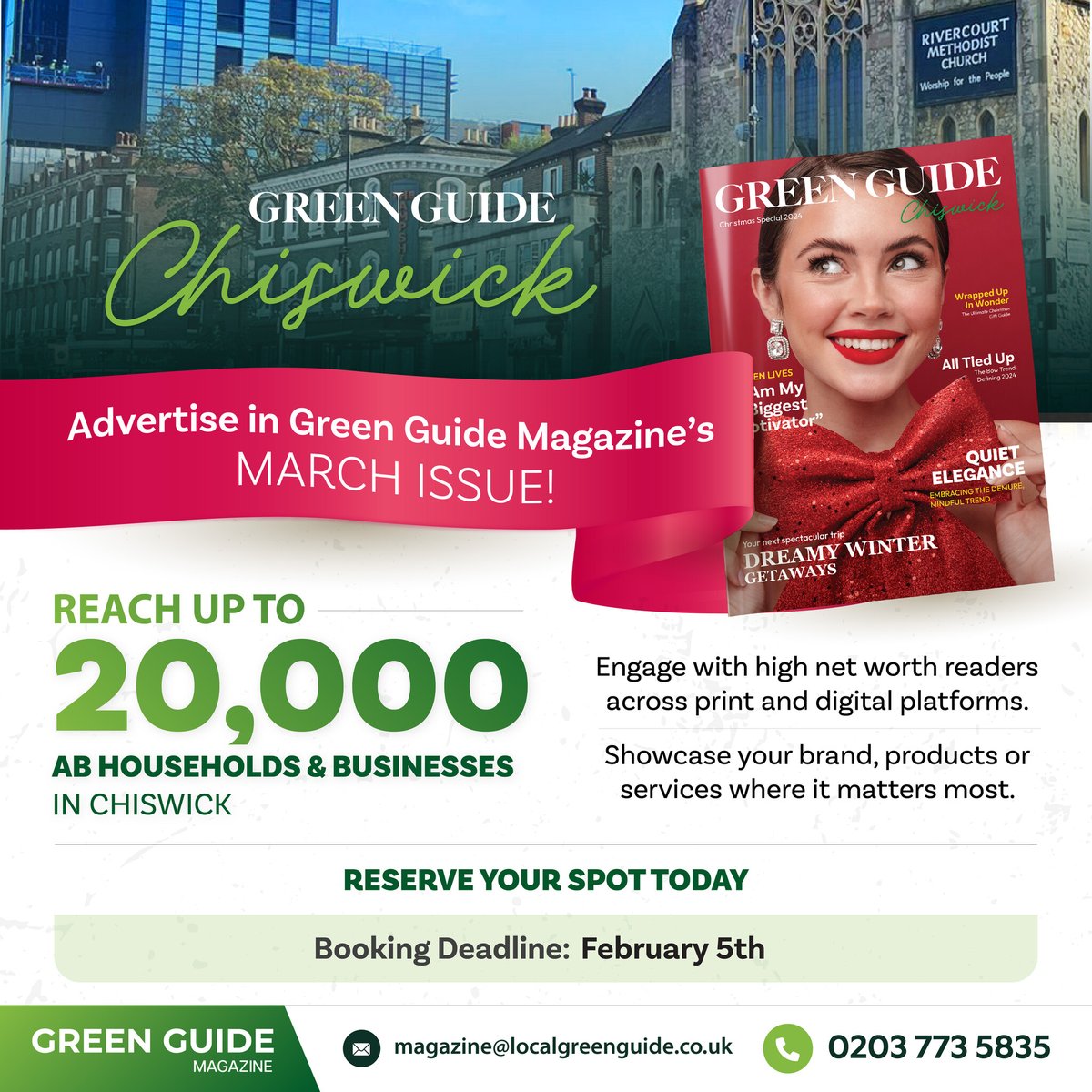GreenGuide_Mag's tweet image. Great news for businesses! The printed March issue of the Green Guide #Chiswick magazine is your chance to shine. With a reach of 20,000 AB households and businesses, this is the perfect opportunity to strengthen your brand visibility. Don’t miss out—secure your ad spot today!