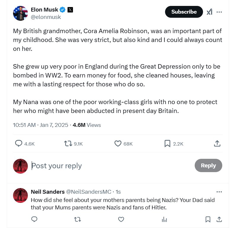 geoffh33's tweet image. Musk now thinks ‘Nana’s’ are being abducted in England.

But this man’s a genius …. right?

#Headcase