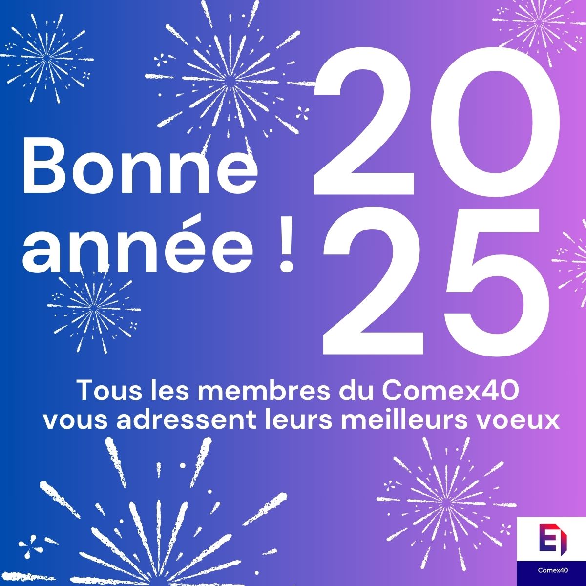 Les membres du Comex40 national et des Comex40 territoriaux vous souhaitent une belle année 2025 ! 

Que 2️⃣ 0️⃣ 2️⃣ 5️⃣ soit synonyme de succès, d'innovation et d'engagement collectif. Ensemble, relevons les défis de demain ! 🚀