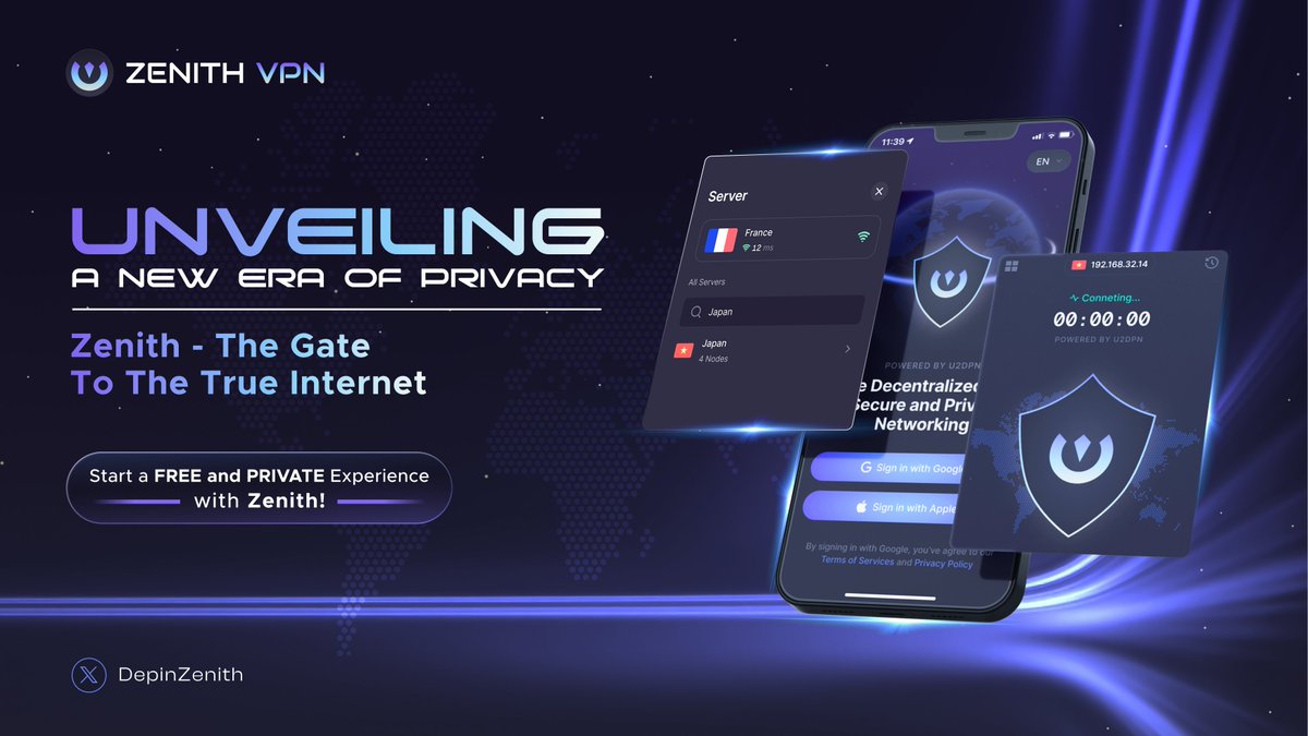 Say hello to Zenith - the future of online privacy is AVAILABLE NOW!

Powered by <a href="/u2_dpn/">U2DPN</a> and built on U2U Network’s DePIN Subnet, Zenith is a decentralized VPN that secures your connection, protects your data, and unlocks the internet - all with one tap.