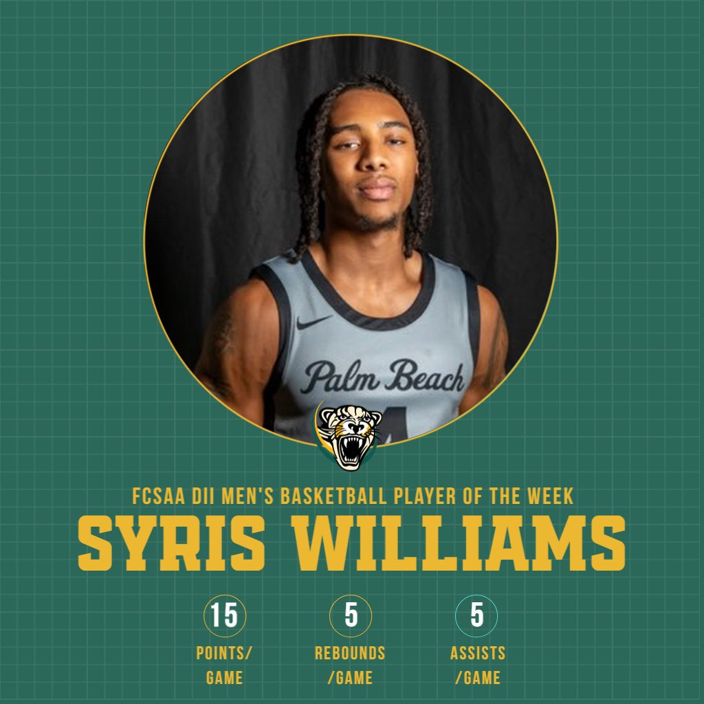 After having 22 points to help lead the Panthers to victory over #16 Bay College, Syris Williams has been named the FCSAA DII Men's Basketball Player of the Week.

thefcsaasports.com/awards/POTW_HQ…