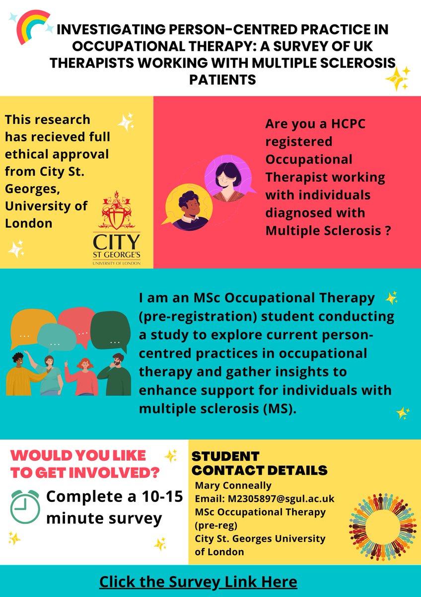 📢 Are you a HCPC-registered Occupational Therapist working with individuals diagnosed with Multiple Sclerosis?

Share your expertise! 🧠💡

👉 Complete a 10-15 min survey here: forms.office.com/e/maGL8wwg1s

Ethical approval secured from City St. Georges University of London.