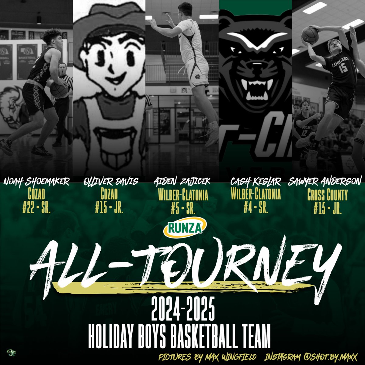 Congrats to the 2024-2025 Runza Holiday Basketball All-Tournament Teams.  Congrats to Cross County girls and Cozad boys on taking home the championship.  Special thanks to Noah &amp; Adriane Luebbe (Runza) on sponsoring the holiday tournament.  Pictures were taken by senior Max
