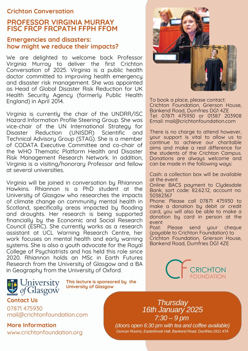 National Centre for Resilience (@resiliencescot) on Twitter photo The <a href="/CrichtonTrust/">The Crichton</a> are hosting an evening with Professor Virginia Murray on the 16th of January 2025. Virginia is Head of the Global Disaster Risk Reduction at Public Health England and chair of UNDRR Hazard Information Profile Steering Group. Details: crichtonfoundation.org/crichton-conve… The <a href="/CrichtonTrust/">The Crichton</a> are hosting an evening with Professor Virginia Murray on the 16th of January 2025. Virginia is Head of the Global Disaster Risk Reduction at Public Health England and chair of UNDRR Hazard Information Profile Steering Group. Details: crichtonfoundation.org/crichton-conve…