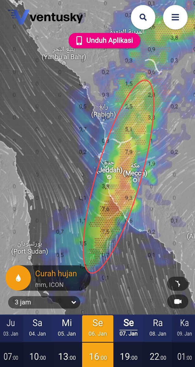 Banjir bandang terjadi di Mekkah pada 6 Januari 2025, dipicu pembentukan squall line yang persisten dan stasioner dari wilayah Jeddah lalu bergeser ke Mekkah dari sore hingga malam hari. Squall line terbentuk memanjang di pesisir-laut wilayah Mekkah dsk.