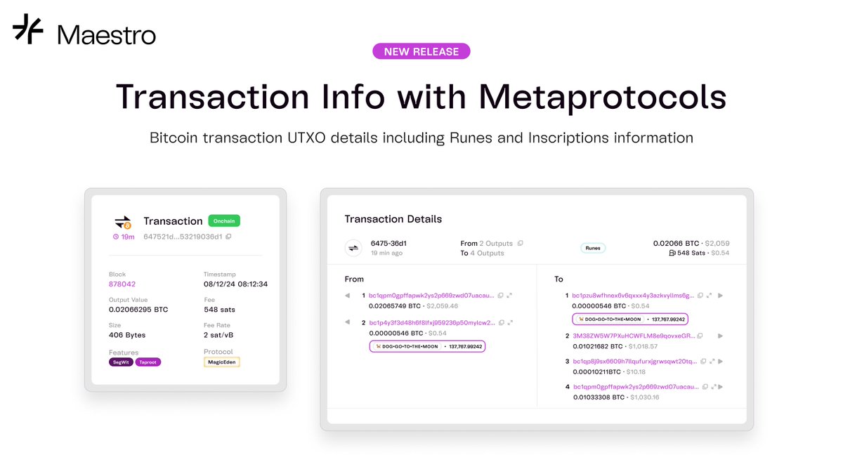 New Release: Track Runes and Inscriptions in Transaction UTXOs  🚀

Maestro now returns metaprotocol details within individual UTXOs in a transaction!

Ideal for building Defi applications on Bitcoin!

✅ Learn more about our Transaction Info with Metaprotocols in the link below