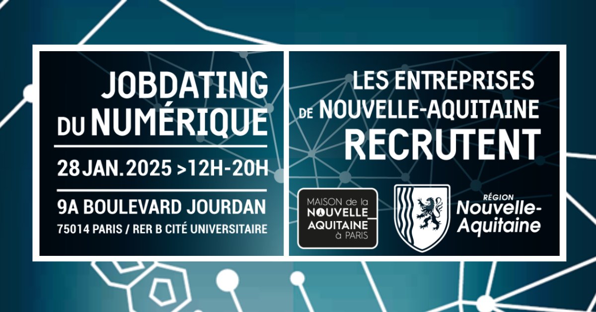 𝖲𝖴𝖯𝖯𝖮𝖱𝖳 | Job Dating du #Numérique 🤝🔜

📆 28 janv.
📍 Fondation Biermans-Lapôtre - Campus de la Cité internationale universitaire de Paris
➕ aliptic.net/actu/jobdating…

Par la Maison de la Nouvelle-Aquitaine, la Région
<a href="/NvelleAquitaine/">Nouvelle-Aquitaine</a> &amp; les réseaux du numérique en région