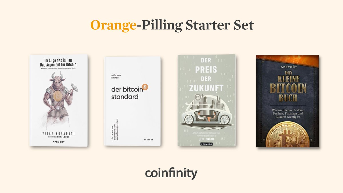 Auch im neuen Jahr verlosen wir ein Orange-Pilling Starter Set! 📙 📙📙📙

Geballtes Bitcoin-Wissen zum Lesen und Verschenken! 

🐂 Im Auge des Bullen
🟠 Der Bitcoin Standard
🔮 Der Preis der Zukunft
👶🏼 Das kleine Bitcoin Buch

Herzen, teilen und uns folgen um mitzumachen! 🧡