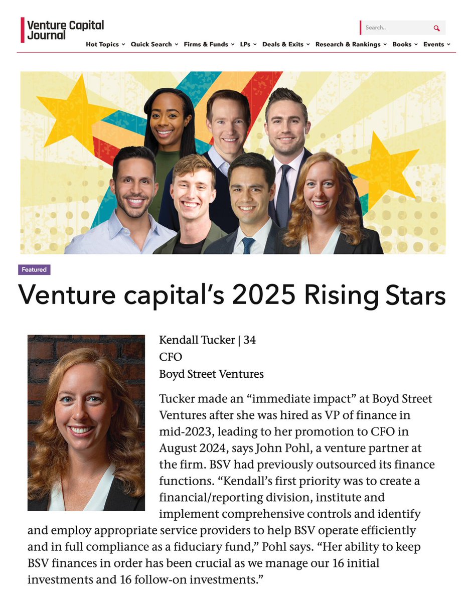 Congratulations to our CFO, Kendall Tucker, for being named one of "Venture Capital's 2025 Rising Stars" by Venture Capital Journal. We couldn't agree more with their sage selection!

#venturecapital #vc #CFO