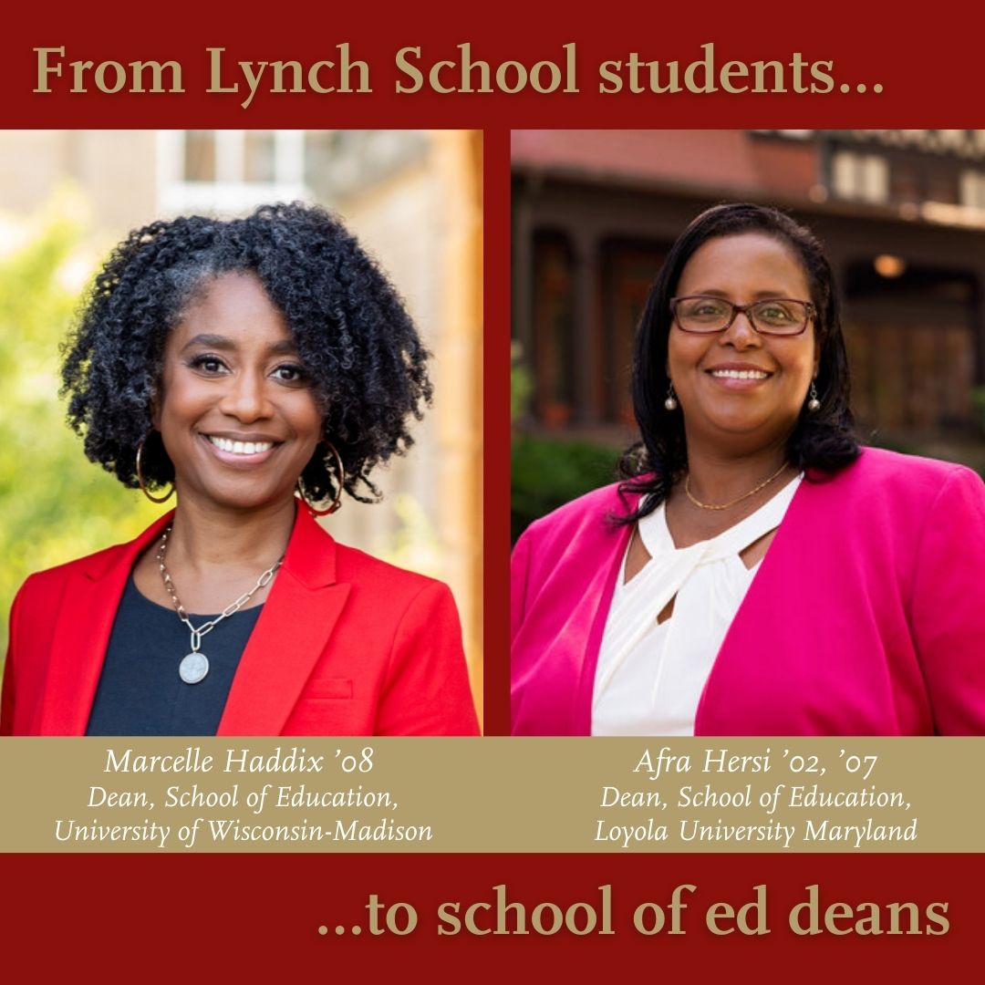 Boston College Lynch School (@bclynchschool) on Twitter photo In August, Marcelle Haddix '08 stepped into a new role as dean of <a href="/UWMadEducation/">UW–Madison School of Education</a>, following the appointment of Afra Hersi '02, '08, who has served as dean of <a href="/LoyolaMaryland/">Loyola University MD</a> School of Education since 2021.
Learn more about their journeys to leadership: bit.ly/3ZQTvVp In August, Marcelle Haddix '08 stepped into a new role as dean of <a href="/UWMadEducation/">UW–Madison School of Education</a>, following the appointment of Afra Hersi '02, '08, who has served as dean of <a href="/LoyolaMaryland/">Loyola University MD</a> School of Education since 2021.
Learn more about their journeys to leadership: bit.ly/3ZQTvVp