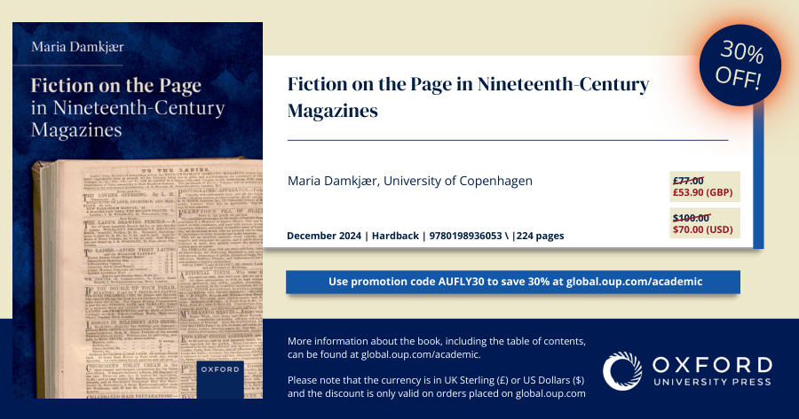 My book is out! Fiction on the Page in Nineteenth-Century Magazines is out now with Oxford University Press. There's a discount of 30% this month. Or why not get your library to order it?

academic.oup.com/book/58989?fbc…