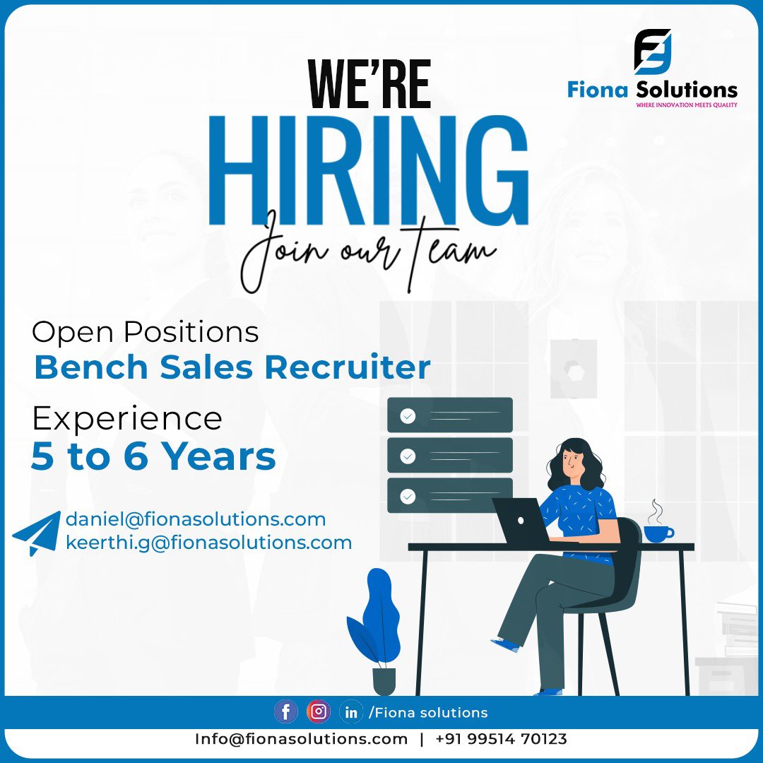FionaSolutions's tweet image. 🌟 We’re Hiring! 🌟
Join our dynamic team at Fiona Solutions and take your career to new heights.

📩 Send your resume to:
📧 daniel@fionasolutions.com
📧 keerthi.g@fionasolutions.com

Let’s build the future together! 🌟

📌 For more information:
🌐 fionasolutions.com