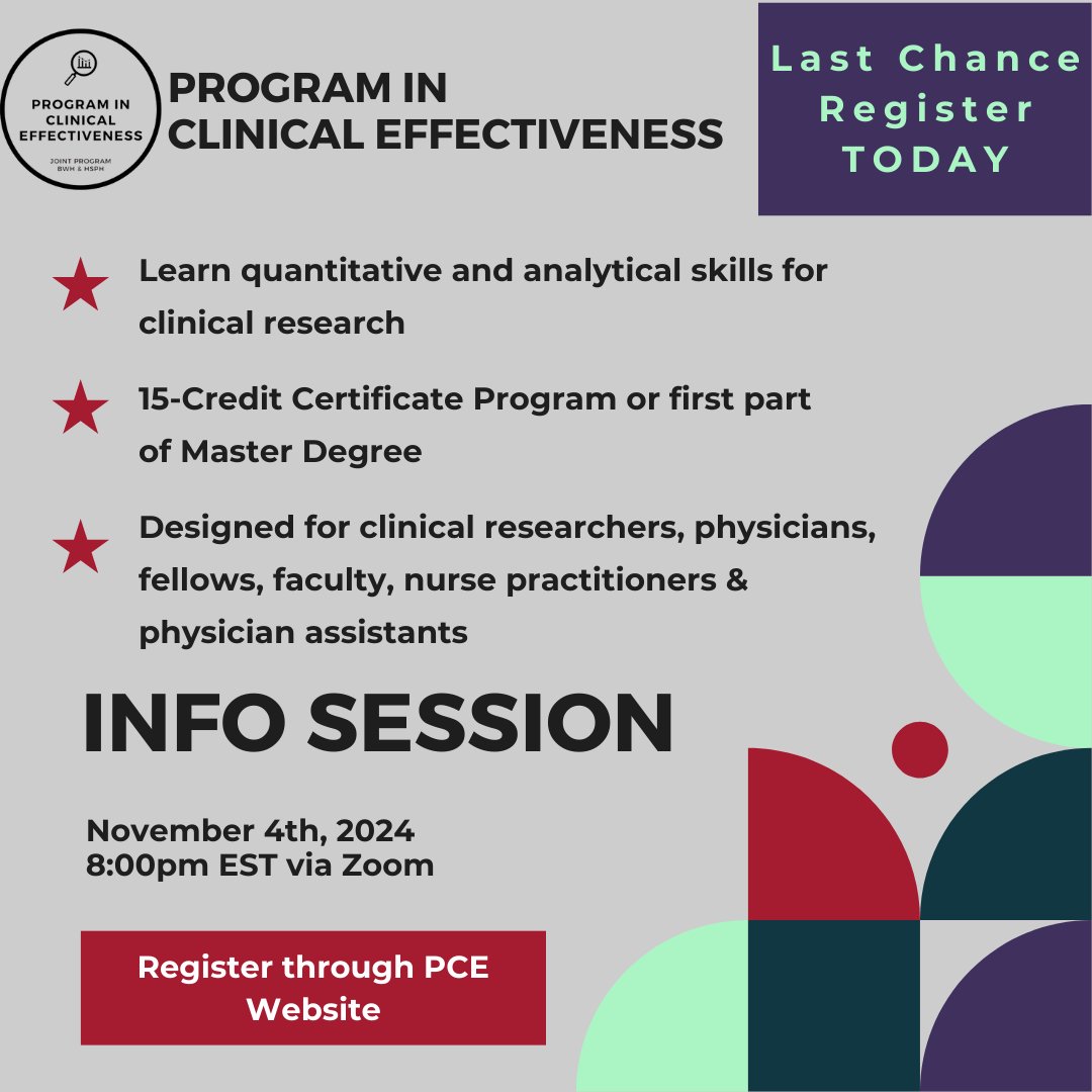 Program in Clinical Effectiveness (@progclineffect) on Twitter photo Last Chance to Register for our Virtual Info Session TONIGHT!
đź—“ Date: January 7
đź•— Time: 8:00 PM EST
- Meet our Program Directors
- Hear from former students
- Connect with members of the Admissions Team from <a href="/HarvardChanSPH/">Harvard T.H. Chan School of Public Health</a>
👉 Register now: harvard.zoom.us/meeting/regist… Last Chance to Register for our Virtual Info Session TONIGHT!
đź—“ Date: January 7
đź•— Time: 8:00 PM EST
- Meet our Program Directors
- Hear from former students
- Connect with members of the Admissions Team from <a href="/HarvardChanSPH/">Harvard T.H. Chan School of Public Health</a>
👉 Register now: harvard.zoom.us/meeting/regist…