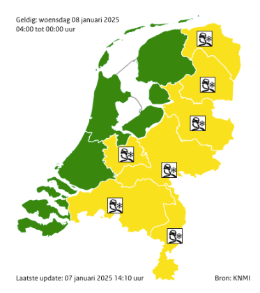 Overzichtskaart van het KNMI, in het zuidelijke deel van het land geldt code geel vannacht/morgenochtend.