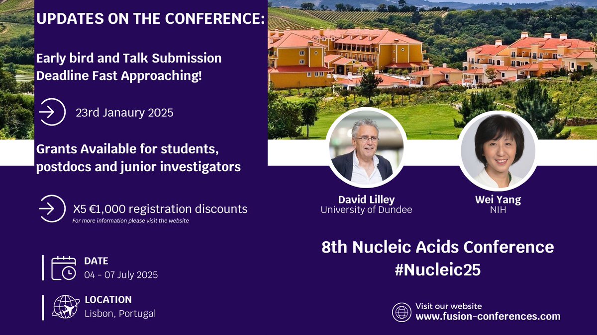 Fusion Conferences (@fusion_conf) on Twitter photo Update on #Nucleic25 Conference! 🚨
🗓️ EB & TS Deadline: 23rd January 2025. DON'T MISS OUT!
🌟Grants are still available for students, postdocs & junior investigators! 🌟
For more details, visit bit.ly/4h0ZWeg or email Felicity at 📧 felicity@fusion-conferences.com Update on #Nucleic25 Conference! 🚨
🗓️ EB & TS Deadline: 23rd January 2025. DON'T MISS OUT!
🌟Grants are still available for students, postdocs & junior investigators! 🌟
For more details, visit bit.ly/4h0ZWeg or email Felicity at đź“§ felicity@fusion-conferences.com