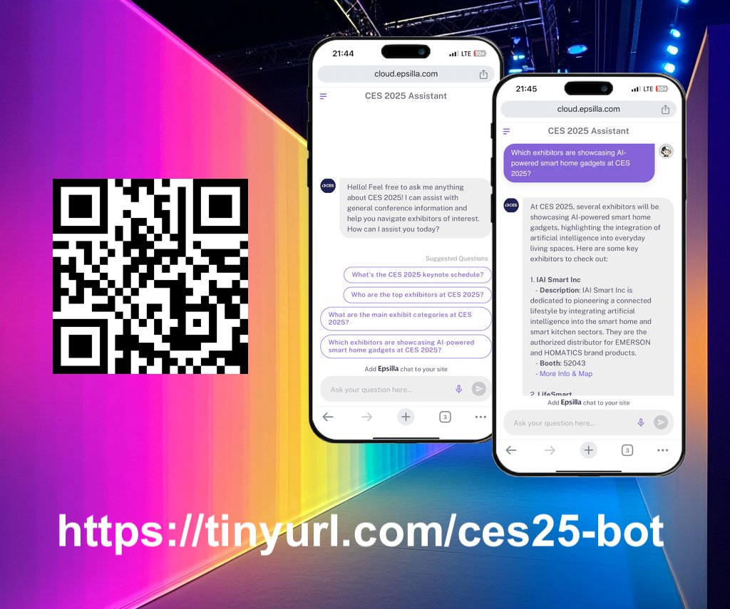 Attending <a href="/CES/">CES</a> 2025? With 4500+ exhibitors, finding your way can be tough. Let our AI Assistant guide you to the booths you care about! 🎯 
tinyurl.com/ces25-bot

#CES2025 #CES #EventTech #TechTrends #AI