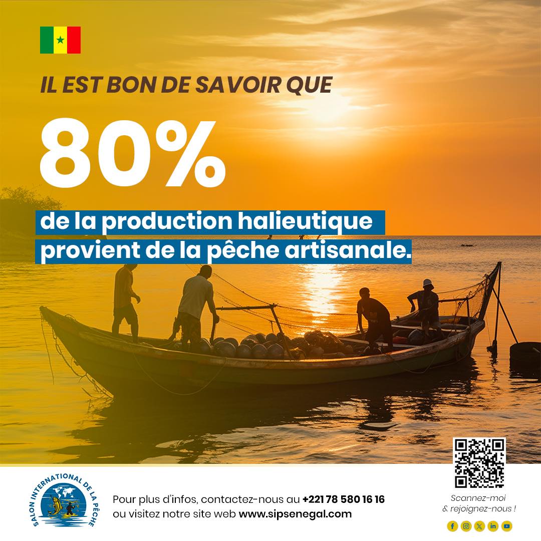 Il est bon de savoir que 80 % de la production halieutique du Sénégal provient de la pêche artisanale.
Ce secteur essentiel soutient des centaines de milliers de familles et joue un rôle majeur dans la sécurité alimentaire du pays.

#JeParticipeAuSIP
<a href="/Asepexgouv/">Asepex</a> <a href="/RTS1_Senegal/">RTS SENEGAL</a>