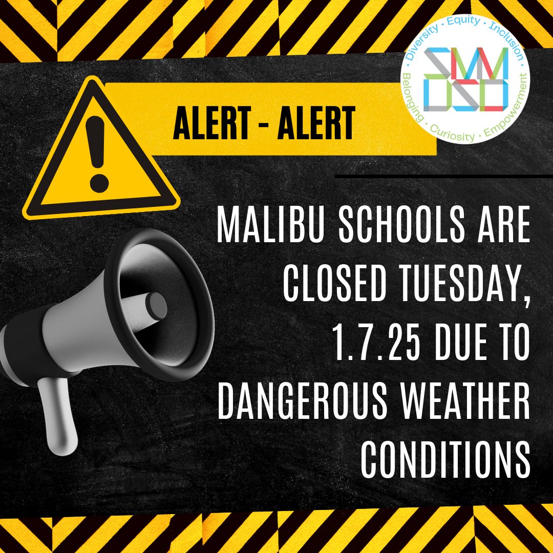 MalibuPathway's tweet image. 📢Malibu alert: All Malibu schools are closed Tuesday, 1.7.25 due to dangerous weather conditions. Santa Monica schools are open. Be safe out there!