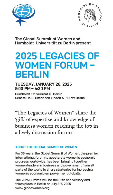 #Veranstaltungstipp: Am 28. Januar findet das „2025 Legacies of Women Forum“ im Senatssaal der #HU statt! Das Forum bringt #weibliche #Führungskräfte zusammen, um sich über Strategien zur Förderung der wirtschaftlichen Teilhabe von Frauen auszutauschen.
hu-berlin.de/de/service/ver…