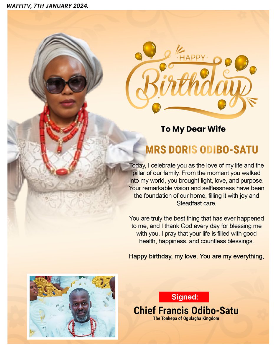 Chief Francis Odibo-Satu Celebrates His Wife Doris on Her Birthday. He expressed gratitude for her love, kindness, and the happiness she brings to his life. Wishing her long life, good health, and endless joy.

#HappyBirthday  #love  #family #Burna #lockdown #Lookman #PeterObi