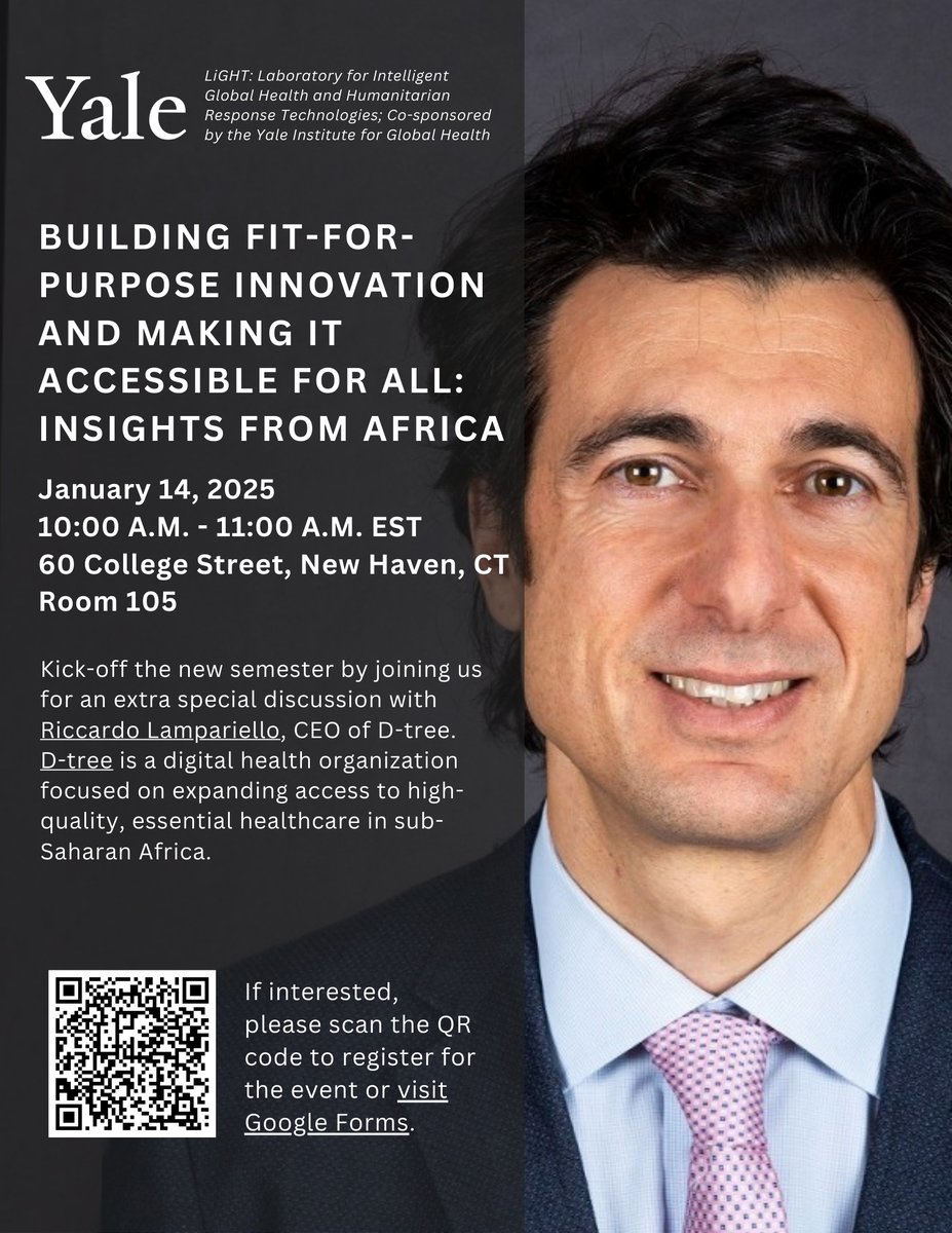 Global Health @ Yale (@yalegh) on Twitter photo Join us January 14th from 10 - 11 AM at <a href="/YaleSPH/">Yale School of Public Health</a> for a special discussion with Riccardo Lampariello, CEO of D-tree, a digital health organization transforming access to essential healthcare in sub-Saharan Africa.
Space is limited! Register here: bit.ly/4fQrSk5 Join us January 14th from 10 - 11 AM at <a href="/YaleSPH/">Yale School of Public Health</a> for a special discussion with Riccardo Lampariello, CEO of D-tree, a digital health organization transforming access to essential healthcare in sub-Saharan Africa.
Space is limited! Register here: bit.ly/4fQrSk5