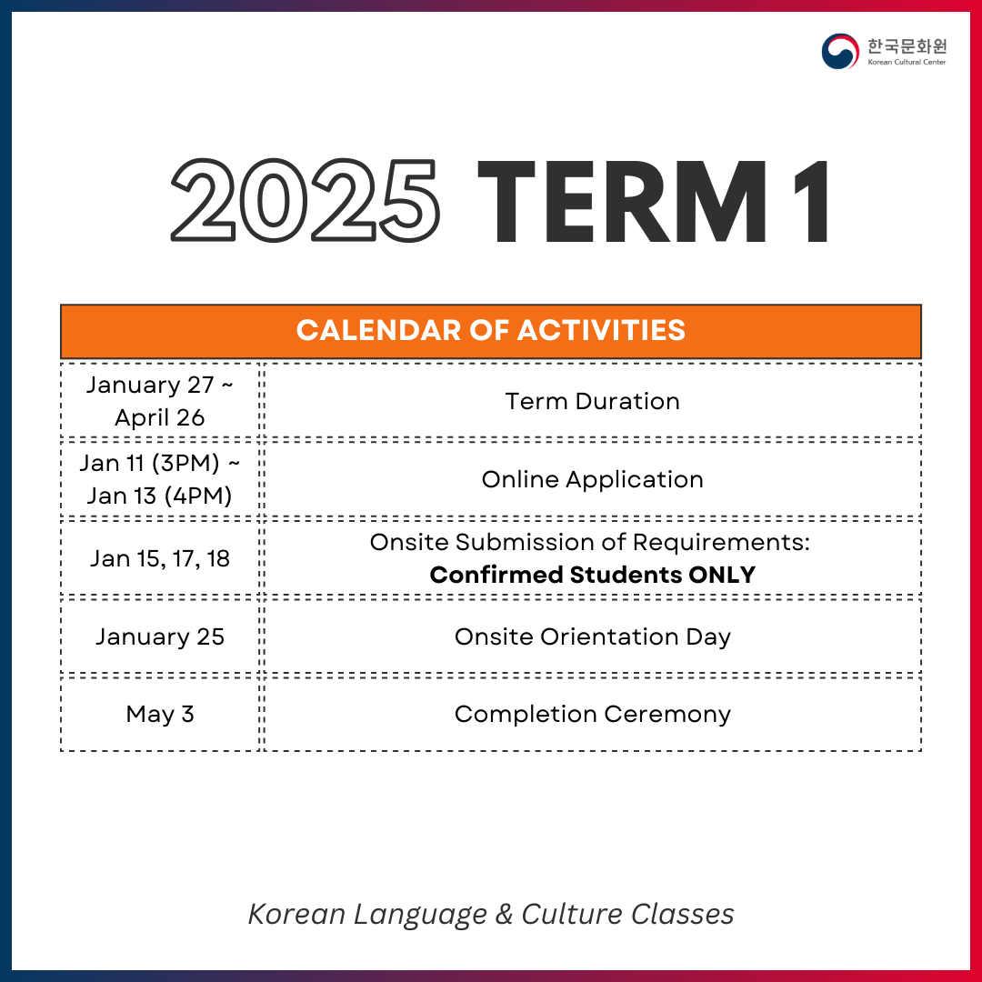 KCCPHIL's tweet photo. π£π· Get ready because the application period for 2025βs First Term is starting soon~!
Visit our Facebook or Instagram page (@kccphil) for the complete details and schedule.
Donβt forget to like and share this post with your friends!
#KCCClass #KCCPhil #KoreanCulturePH https://t.co/ojThqcWm52
