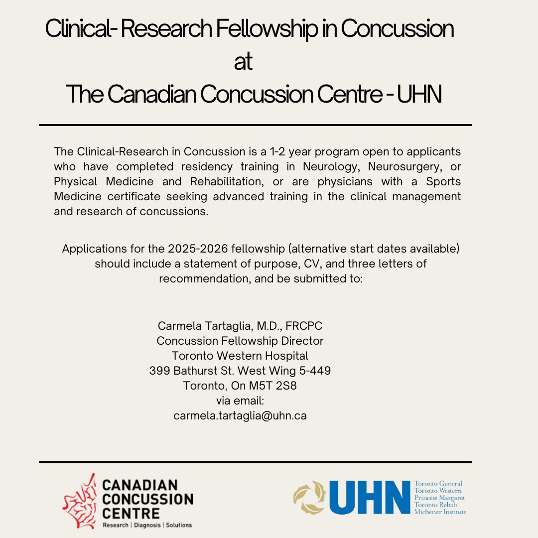 Canadian Concussion Centre (@uhnconcussions) on Twitter photo We're offering a Clinical Research fellowship in Concussion at
<a href="/UHNconcussions/">Canadian Concussion Centre</a> !
To advance training in the clinical management and research of concussion. Apply via email: carmela.tartaglia@uhn.ca We're offering a Clinical Research fellowship in Concussion at
<a href="/UHNconcussions/">Canadian Concussion Centre</a> !
To advance training in the clinical management and research of concussion. Apply via email: carmela.tartaglia@uhn.ca