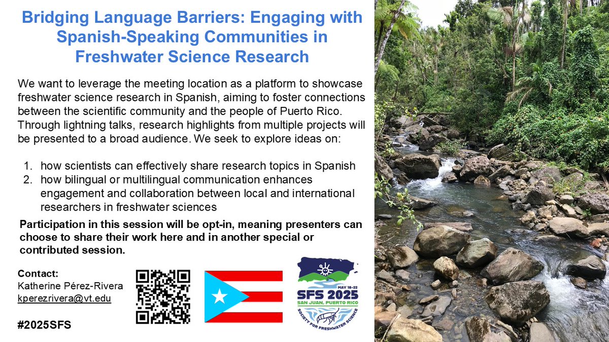 Héctor Esparra-Escalera (@esparrahector) on Twitter photo 🚨Call for Abstracts🚨
In collaboration with <a href="/kathxpr/">Katherine X. Pérez Rivera</a> and other Puerto Rican folks, we are thrilled to share our session for the upcoming #2025SFS (<a href="/BenthosNews/">Freshwater Science</a>) to be held in San Juan, PR 🇵🇷. This is an opportunity to showcase your research in Spanish! Details below. 🚨Call for Abstracts🚨
In collaboration with <a href="/kathxpr/">Katherine X. Pérez Rivera</a> and other Puerto Rican folks, we are thrilled to share our session for the upcoming #2025SFS (<a href="/BenthosNews/">Freshwater Science</a>) to be held in San Juan, PR 🇵🇷. This is an opportunity to showcase your research in Spanish! Details below.