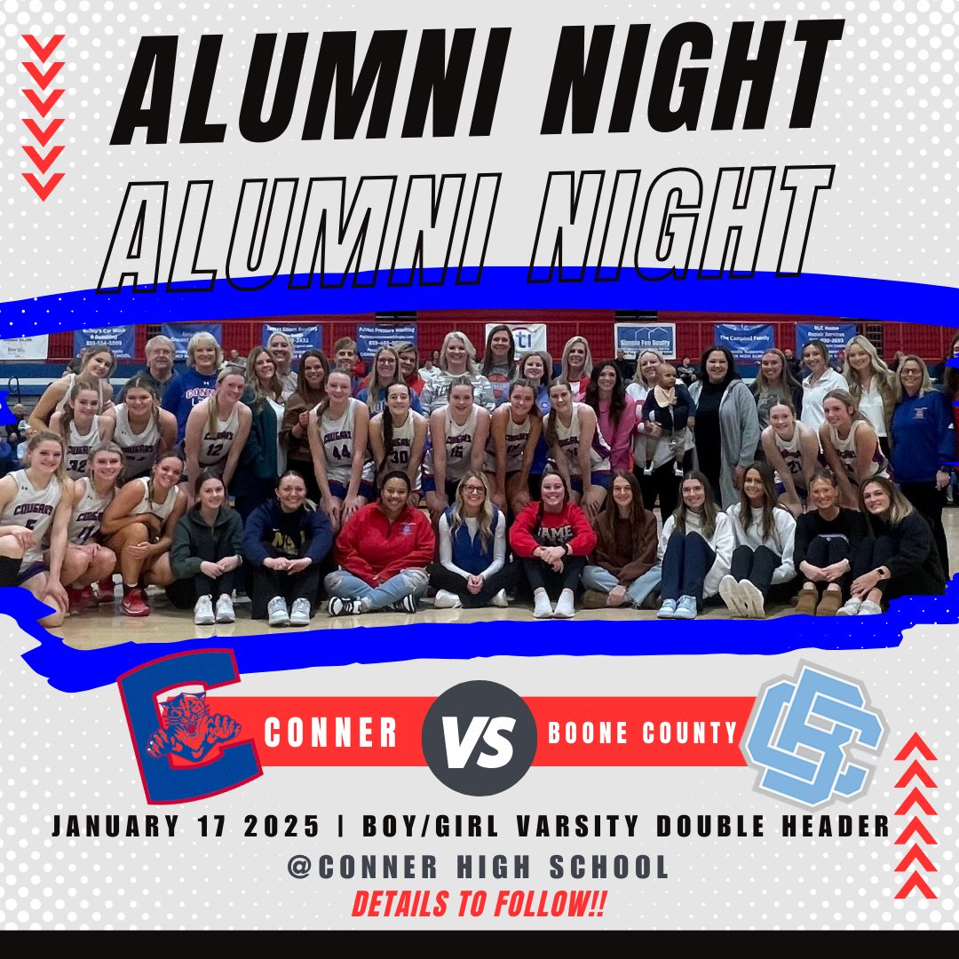 Lady Cougars (@_lady_cougars_) on Twitter photo Attention All Alumni: Join us January 17th for the boy/girl doubleheader vs. Boone County! Alumni announced between games. <a href="/ConnerHoops/">Conner Cougar Hoops</a> <a href="/chsboosters1/">Conner Boosters</a> <a href="/ConnerHigh/">Conner High School</a> Attention All Alumni: Join us January 17th for the boy/girl doubleheader vs. Boone County! Alumni announced between games. <a href="/ConnerHoops/">Conner Cougar Hoops</a> <a href="/chsboosters1/">Conner Boosters</a> <a href="/ConnerHigh/">Conner High School</a>