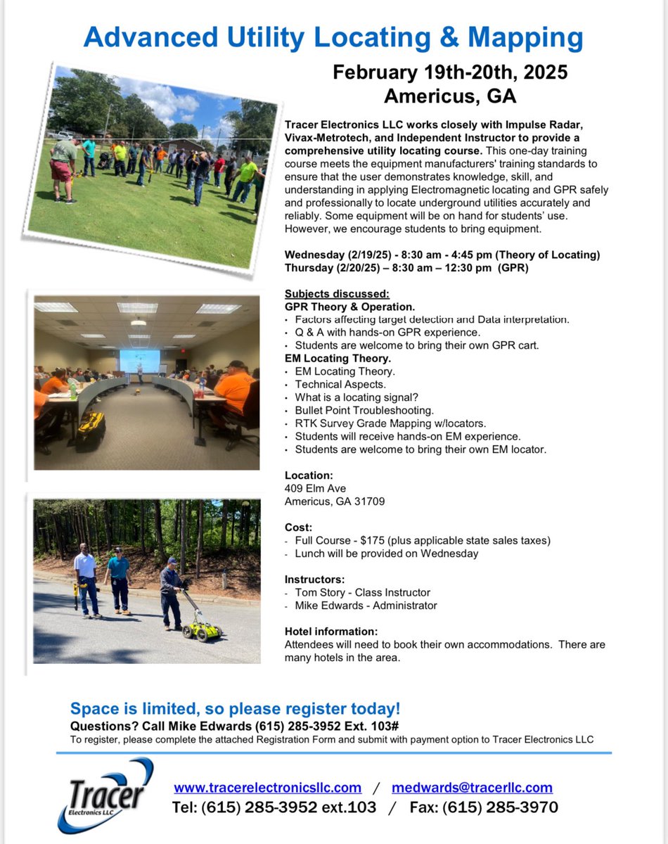 TracerLLC's tweet photo. We are excited to announce an upcoming class on utility locating and GPR hosted by the City of Americus GA.  Reserve your spot today! #tracerelectronicsllc #tracerelectronics #vivax #impulseradar #utilitylocating #gpr #vivaxmetrotech https://t.co/6rExFQB81H