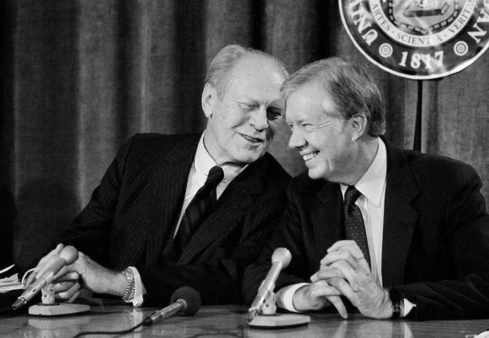 Remembering President Jimmy Carter, a CPD honorary co-chair, with gratitude.  The late president is seen here with his fellow CPD honorary co-chair, Gerald R. Ford, at the <a href="/UMich/">University of Michigan</a> in 1985 during one of their post-presidential appearances –– the two collaborated on more than 25