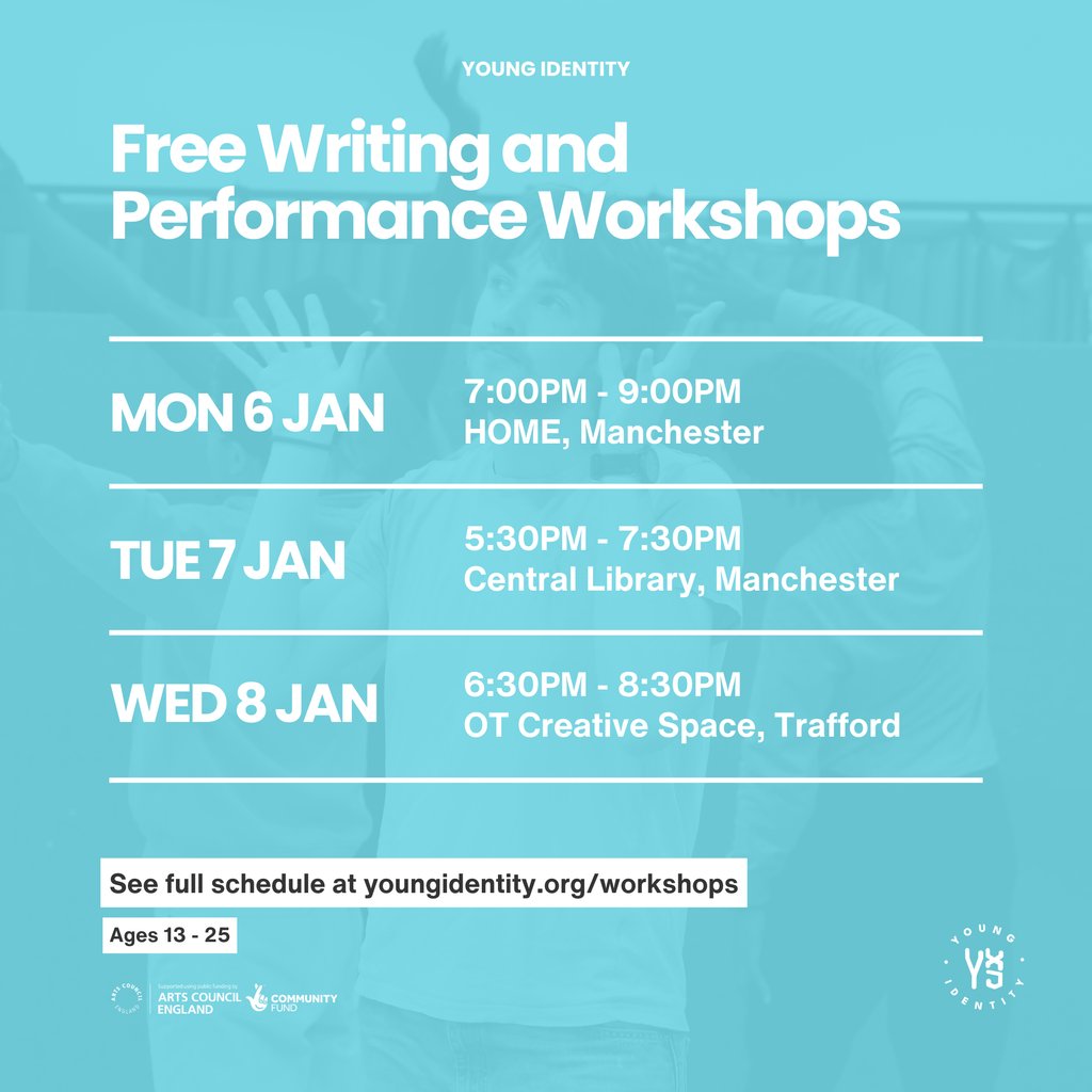 Start the year inspired! We're back with our FREE workshops to develop your creative practice for ages 13-25.

🟠 HOME
Monday 6th January
7:00PM - 9:00PM

🔴 Central Library
Tuesday 7th January
5:30PM - 7:30PM

🟡 Old Trafford Creative Space
Wednesday 8th January
6:30PM - 8:30PM